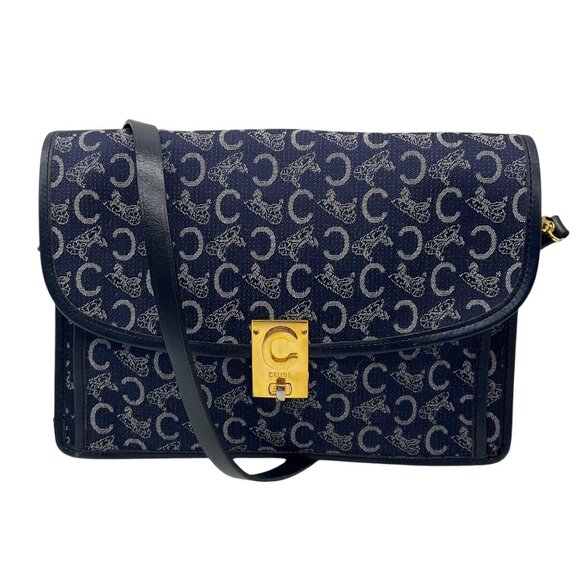 Celine Vintage Navy Logo Shoulder Bag - Picture 1 of 11